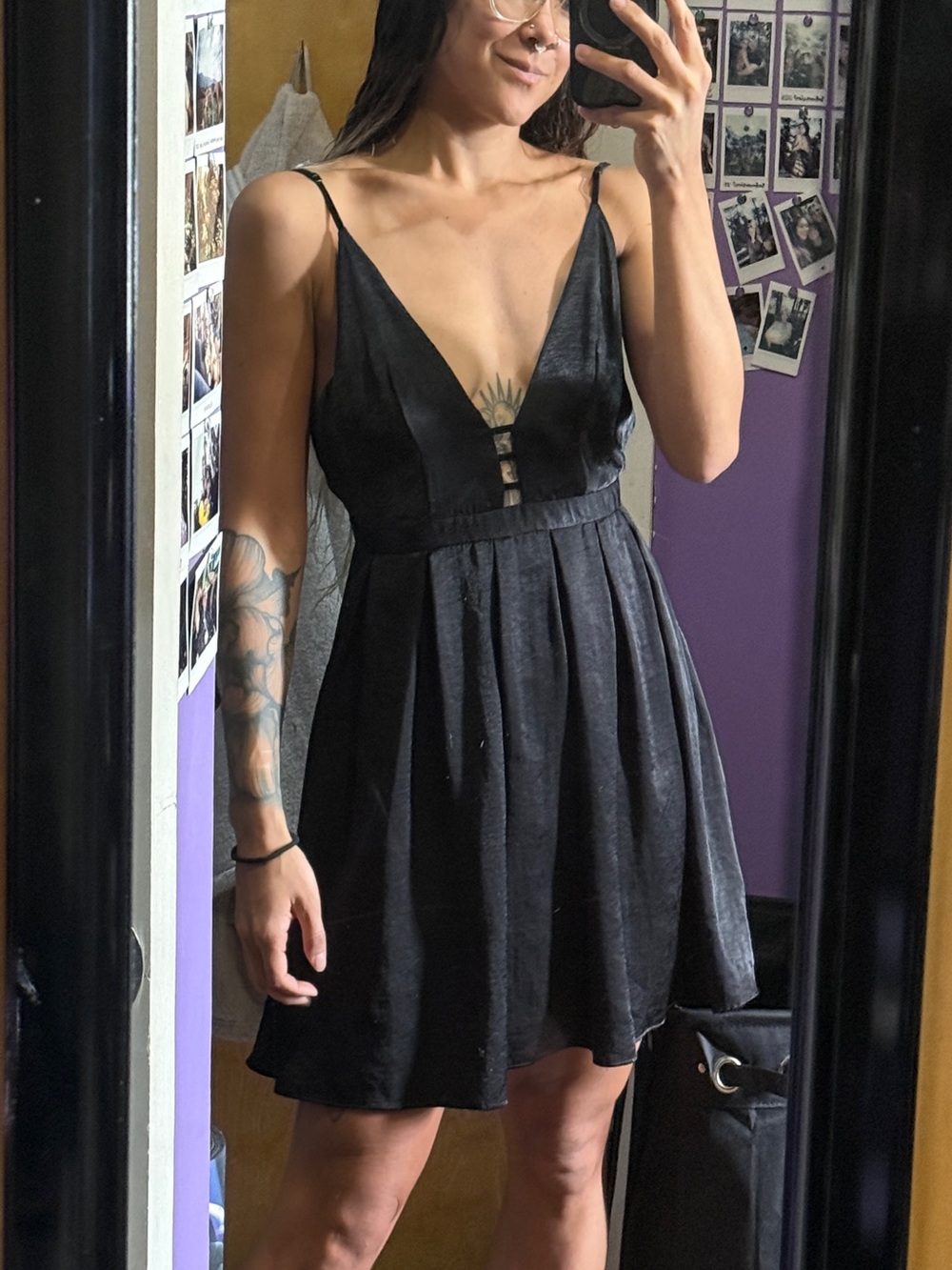 Free People Black Plunging V-Back Spaghetti Strap Mini Dress